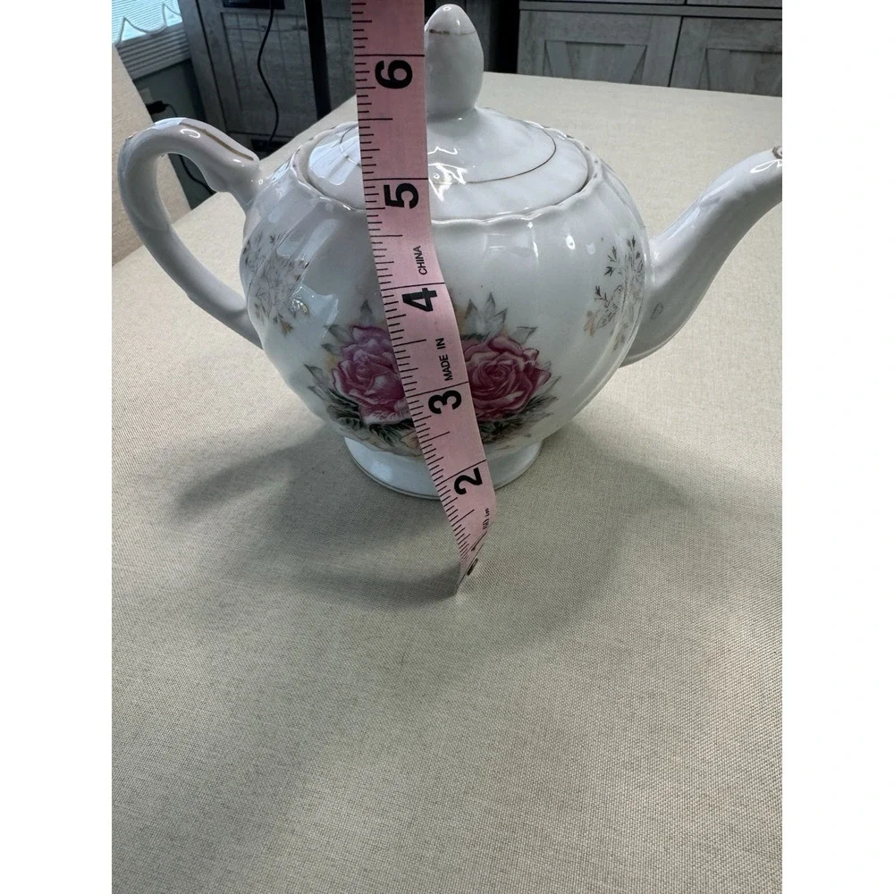 Vintage Floral Teapot‎ White Ceramic Pink Roses Gold Trim Cottagecore Shabby